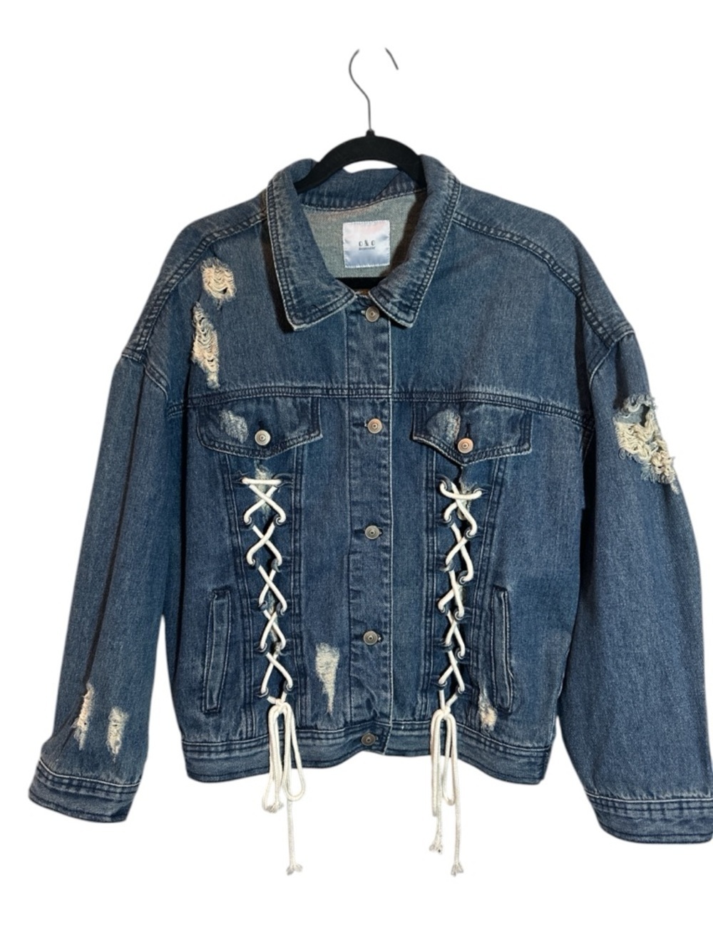 O & O Denimwear Women's Distressed Tie Western Jean Jacket Size Lg